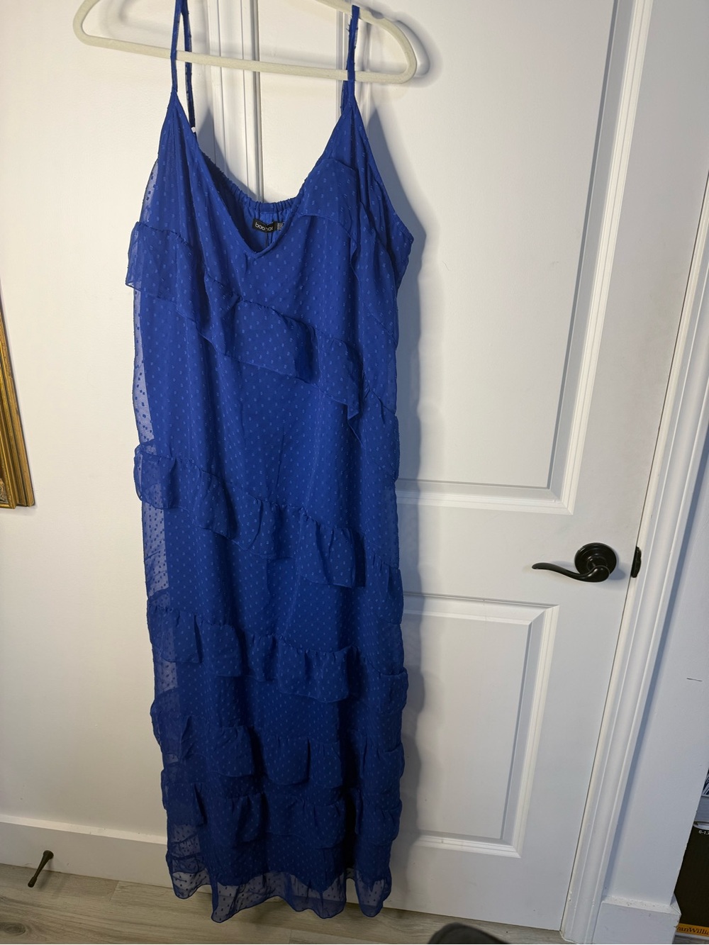 Boohoo Plus Royal Blue Spotted Ruffle Maxi Dress